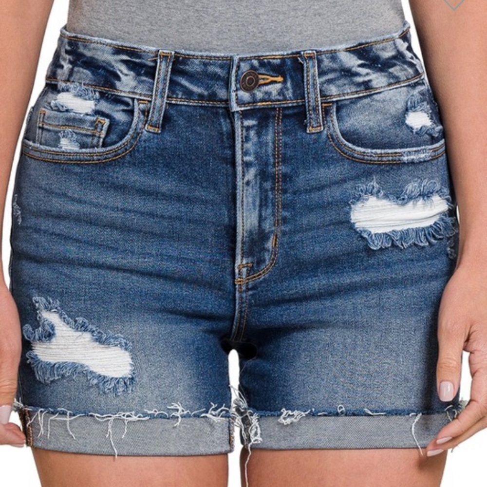Distressed cuffed denim shorts